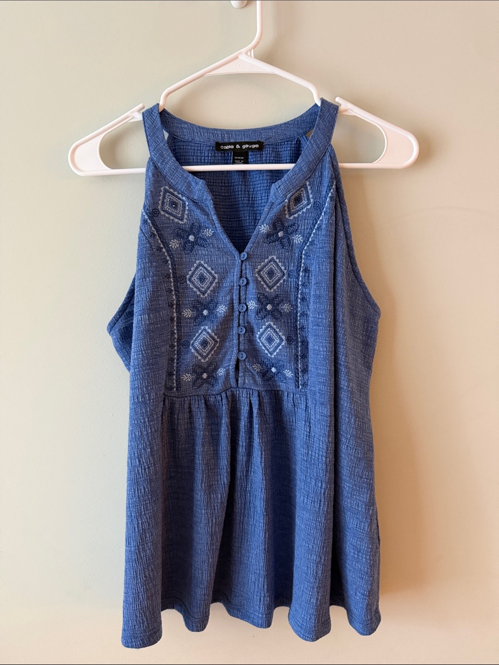 Cable & Gauge Blue Embroidered Sleeveless Top